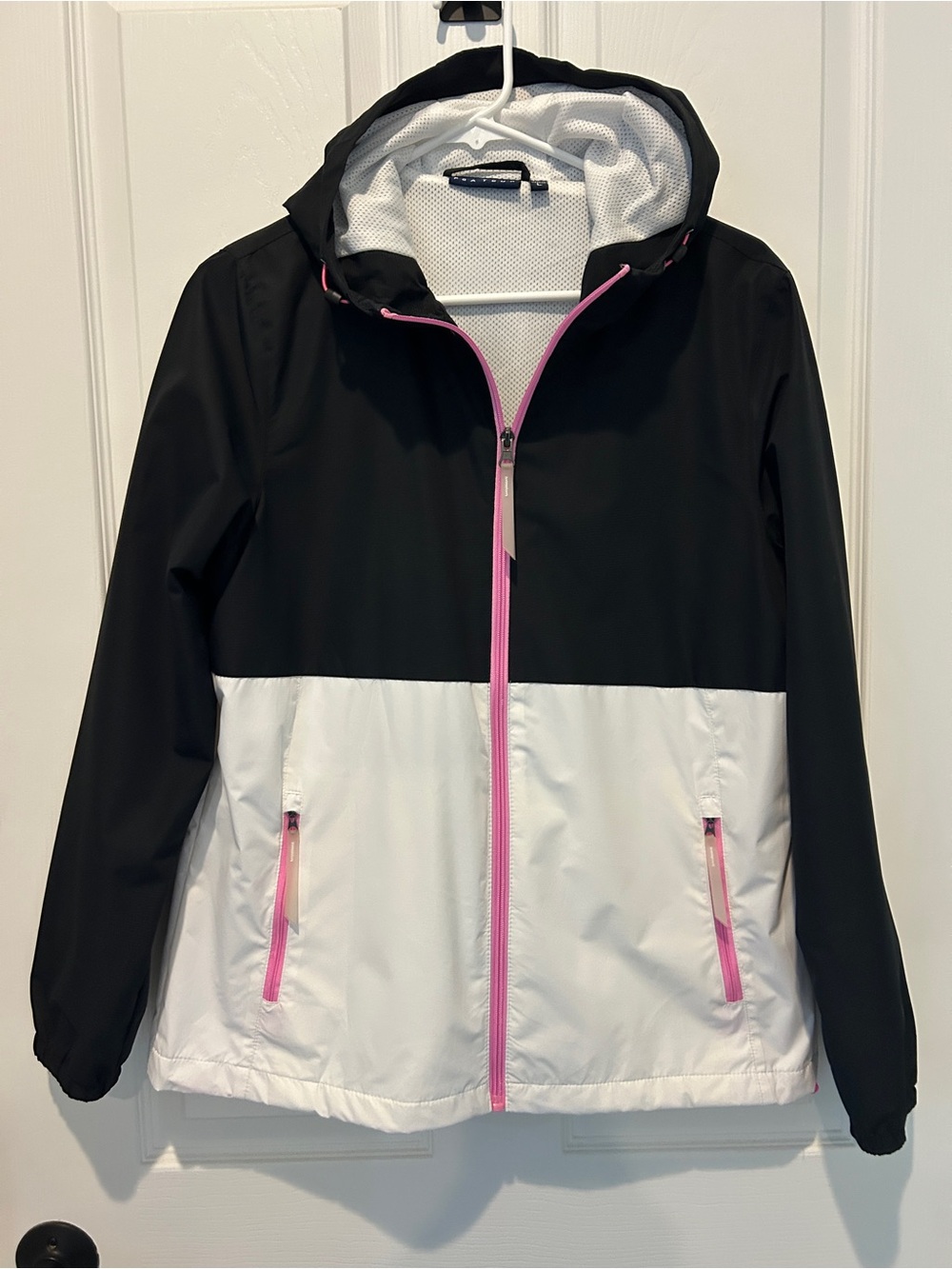 PGA Tour Black and White Mesh-Lined Hooded Jacket with Pink Trim